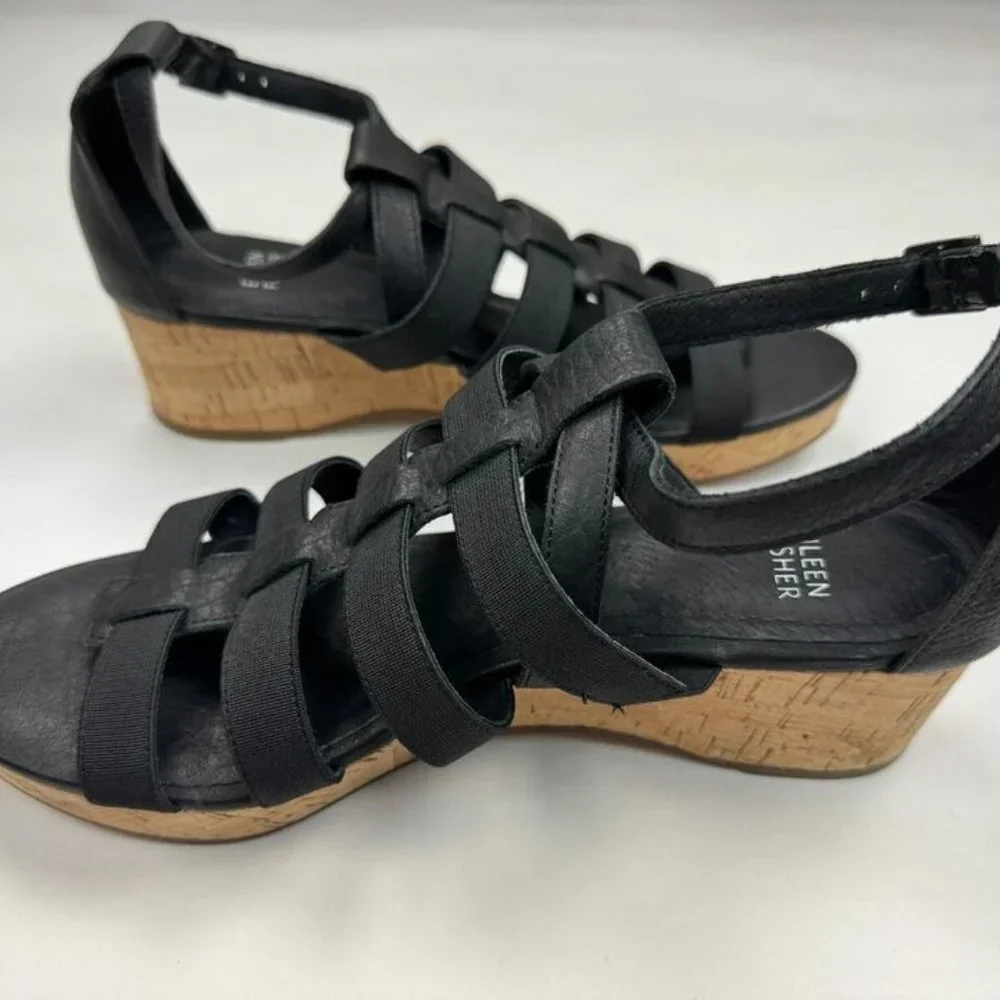 Eileen Fisher Leather Gladiator Wedge Sandals Women 9 NWOB Fisherman Platform‎